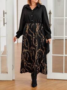 Plus Size Elegant Chain Printed Lantern Sleeve Pleated Hem Dress