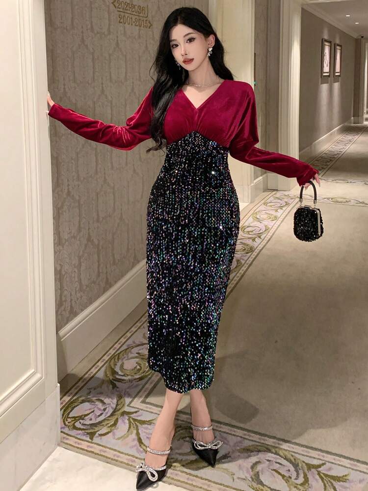 Women's Autumn/Winter Patchwork Midi Cocktail Dress Prom Dress Party Women Homecoming Dresses Luxury Sequin New Years Women Outfit Carnival Sparkly Dress