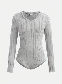 SHEIN Teen Girl Autumn Gray V-Neck Ribbed Knit Long Sleeve Jumpsuit - Grey - View 1