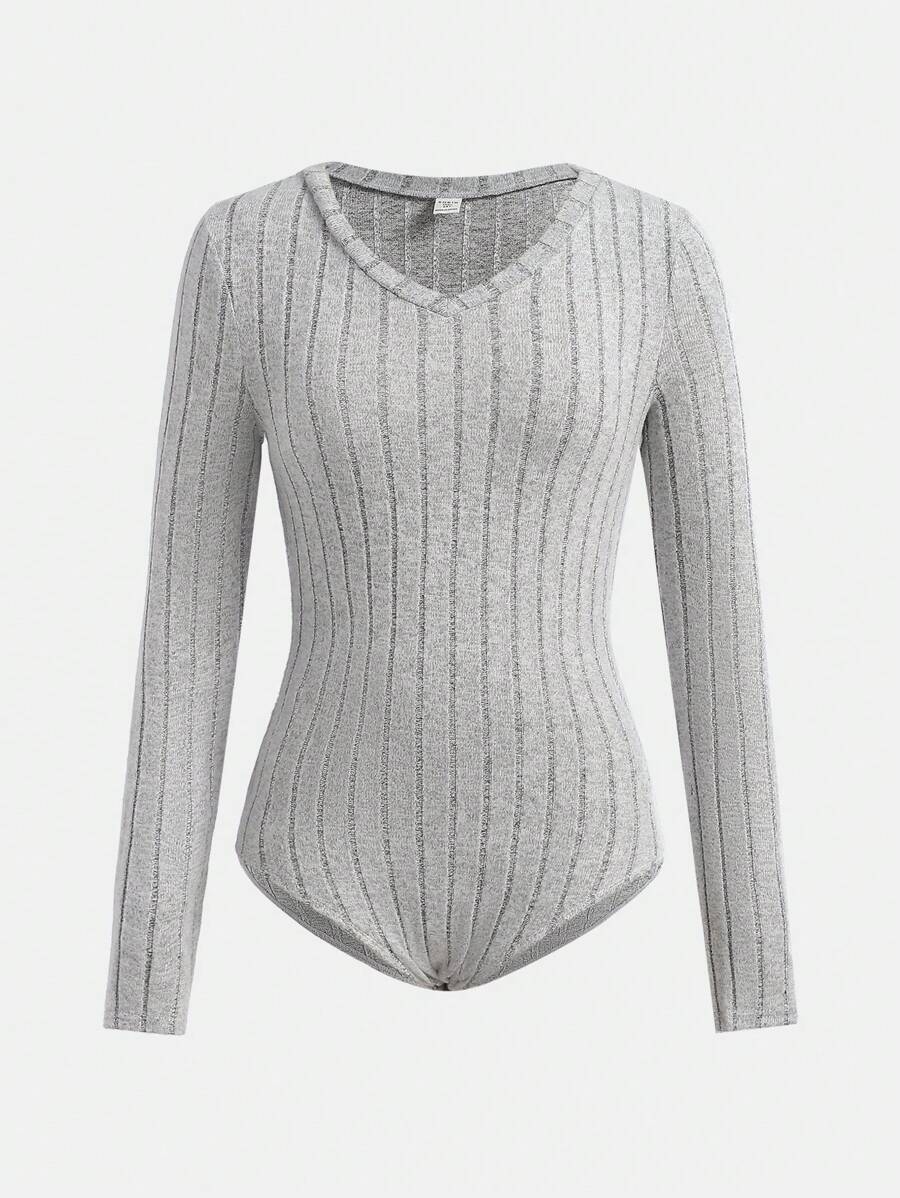 SHEIN Teen Girl Autumn Gray V-Neck Ribbed Knit Long Sleeve Jumpsuit - Grey - View 1