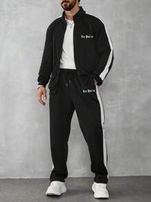Manfinity Homme Men's Letter Print Zipper Front Sweatshirt And Sweatpants Casual Tracksuit Set, Fall Clothes