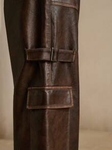 Anewsta Petite Elegant & Fashionable PU Leather Design Pocket Washed Straight Leg Pants For Petite Women, Suitable For Fall, Winter, Spring, New Year, Party, Wedding, Chic, Stylish, Work, Thanksgiving, Graduation, Christmas, Festival, Elegant - Coffee Brown - View 6