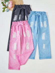 3pcs Tween Girls Fashion Distressed Denim Effect Bowknot Long Pants, Suitable For Spring And Autumn - Multicolor - View 1