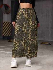 豹纹开叉牛仔半身裙春夏女式宽松直筒A字休闲裙子 - 彩色 - 查看 4