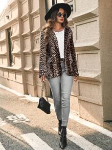 SHEIN Clasi Chaqueta blazer de manga larga elegante con estampado de leopardo - Multicolor - Ver 3
