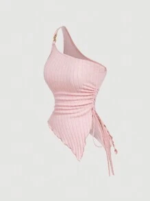 SHEIN MOD 女士纯色褶皱不对称无袖休闲上衣，女士，海滩女式背心，西式，外出背心，商务休闲背心，音乐会女装，性感装，狂欢节装 - 淺粉色 - 查看 3