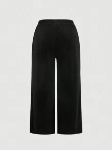 SHEIN MOD Plus Size Velvet Wrap V-Neck Straight Leg Pants Suit, 2pcs Set - Black - View 9