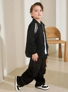 SHEIN 1件青少年休閒街頭風韓式舒適、時尚簡約、實用的高領防風外套，輕盈外穿適合日常穿著、學校、旅行、運動、遠足、秋冬季節 - 黑色 - 查看 3