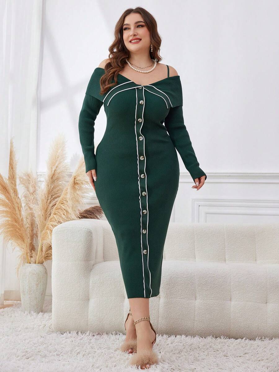 Modelyn 大码女式秋冬露肩长袖单排扣修身优雅连衣裙 - 墨綠色 - 查看 1