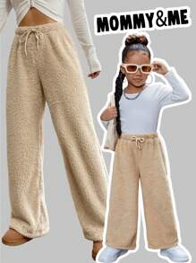 SHEIN Leap Crew Quần dài thường ngày dệt kim màu trơn mềm mại cho bé gái - Màu be - Xem 2