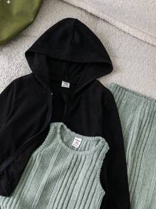 SHEIN 3pcs Set: Black Knitted Long Sleeve Hoodie, Green Ribbed Tank Top, And Ribbed Pants, For Outings - Baby Girl - Black - View 8