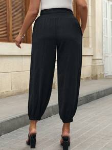 SHEIN LUNE Plus Size Women Solid Color Cinched Waist Pocket Casual Pants