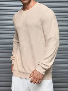 Manfinity Homme Men's Plain Long Sleeve Crew Neck Textured Pullover Sweatshirt, Fall/Winter - Apricot - View 1