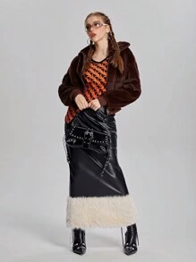SHEIN 2 Stücke/Set grafikbedrucktes figurbetontes V-Ausschnitt Top kombiniert mit Kunstleder & flauschigem Patchwork Rock für Teenager Mädchen, Herbst/Winter