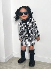 SHEIN 3 件套女婴可爱千鸟格拼布长袖夹克、松紧腰裙、针织背心、秋冬 - 黑與白 - 查看 4