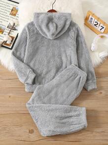 SHEIN 2 件套 Tween 男童冬季简约字母图案连帽衫和柔软羊毛睡衣套装 - 淺灰色 - 查看 2