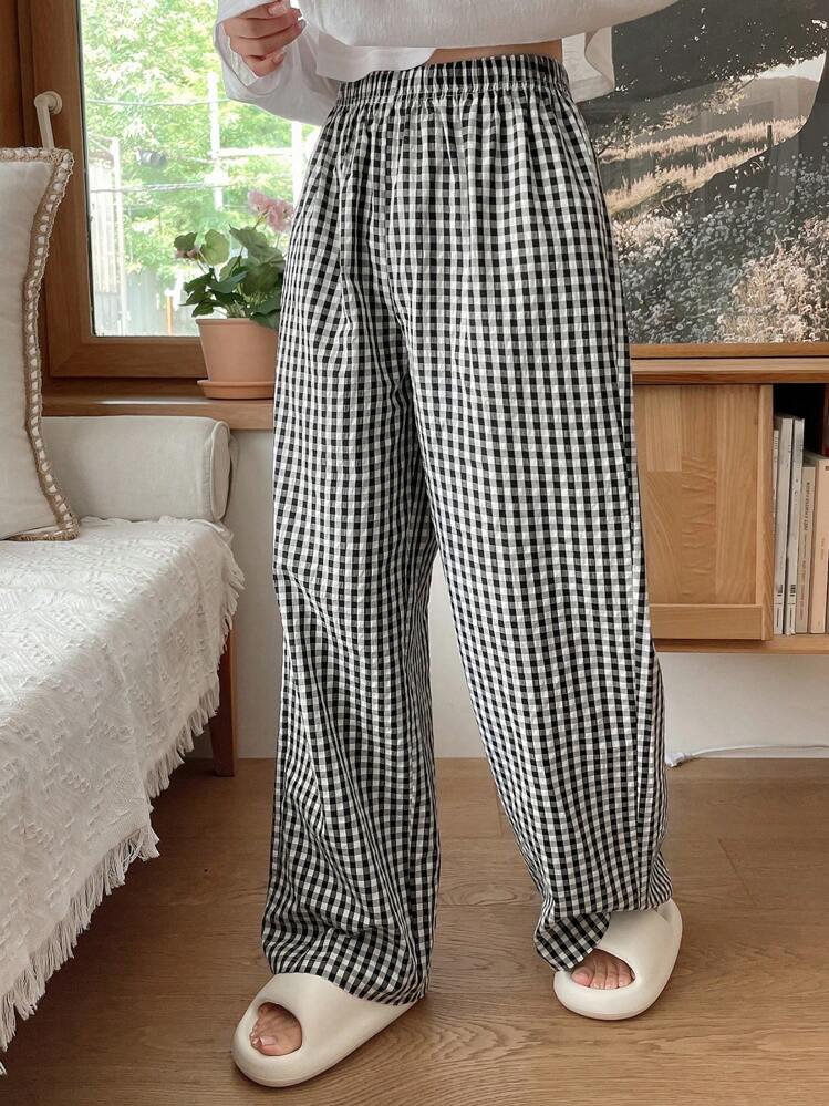 DAZY Pantalones de pijama de ajuste holgado con estampado de cuadros, otoño e invierno - Blanco y Negro - Añade 1