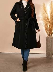 SHEIN LUNE Plus Size Women's Autumn/Winter Embellished Long Sleeve Long Overcoat Fall Cloth For Women - Black - View 7