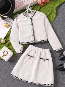 Tween 女童优雅花朵饰边前开襟夹克 + 休闲松紧腰裙 2 件套服装，秋冬 - 白色 - 查看 1
