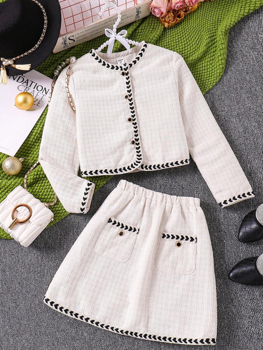 Tween 女童优雅花朵饰边前开襟夹克 + 休闲松紧腰裙 2 件套服装，秋冬 - 白色 - 查看 1