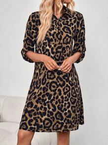 EMERY ROSE 女士豹纹卷袖半扣前开襟衬衫式连衣裙 - 彩色 - 查看 6