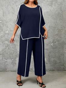 Bộ đồ hai mảnh áo xẻ tà gấu cánh dơi viền tương phản cỡ lớn và quần ống rộng - Màu xanh hải quân - Xem 5