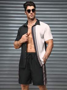 Manfinity Homme 2pcs Men's Geometric Print Contrast Color Short Sleeve Shirt And Shorts Casual Suit, Summer
