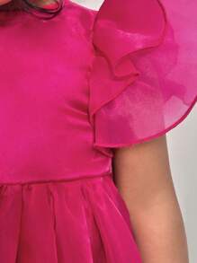SHEIN Baby Girl Elegant Fuchsia Organza Solid Ruffle Hem Short Sleeve Party Dress - Pink - View 7