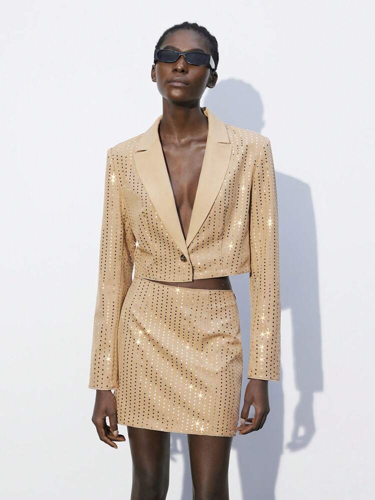 SHEIN Maija 2 pièces set: Blazer casual avec boutons devant et épaulettes pailleté pour femme & Jupe courte de mode pailletée, Automne/Hiver