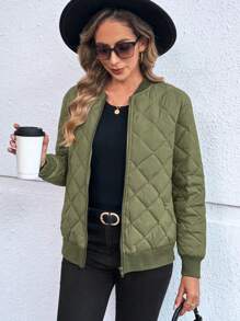 EMERY ROSE Women's Solid Color Long Sleeve Zip Front Baseball Collar Casual Down& Feathers Jacket - Army Green - View 4