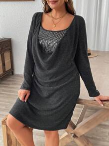 SHEIN LUNE Damen Große Größen Cocktailkleid mit Stehkragen, Langarm und Pailletten Besatz, Herbst Damen Curvy - Schwarz - Übersicht 5
