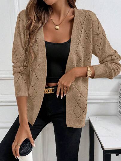 EMERY ROSE Casual Comfortable Open Front Sweater With Hollow Diamond Pattern For Women,Long Sleeve Tops Fall Winter Cloth For Women