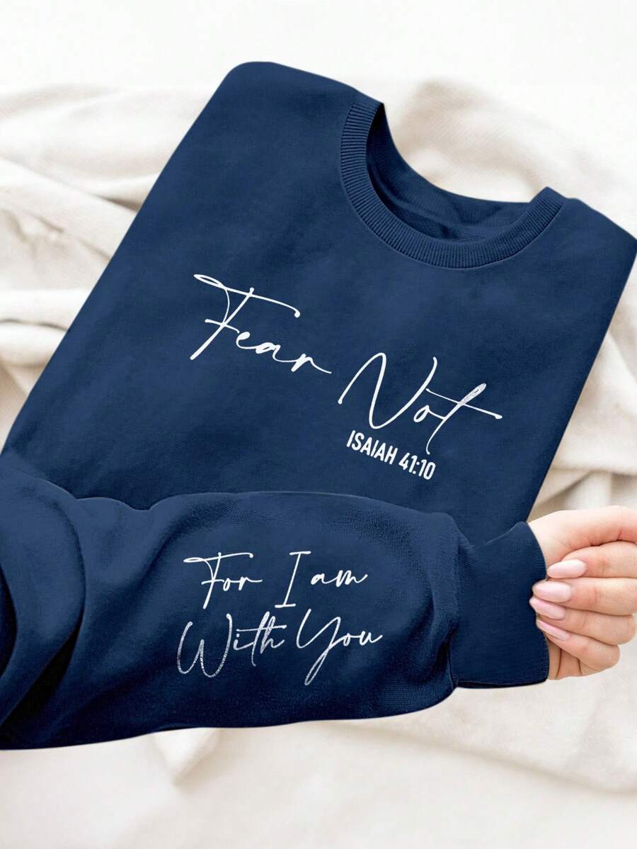 INAWLY 女士秋冬字母印花圆领保暖内衬休闲运动衫、长袖上衣 - 藏蓝色 - 查看 1