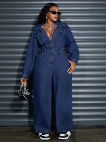 SHEIN SXY Plus Size Women's Fall Long Sleeve Pocketed Loose Wide Leg Casual Denim Jumpsuit