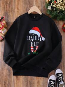 SHEIN Adult Men's Spring/Autumn Printed Pullover Sweatshirt, Family Matching Crew Neck Long Sleeve Tops, Christmas - Black - View 6