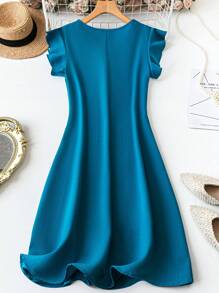 SHEIN 大码女式休闲纯色圆领盖袖背心裙 - 水鴨藍 - 查看 2