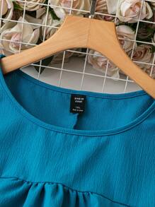 SHEIN 大码女式休闲纯色圆领盖袖背心裙 - 水鴨藍 - 查看 4