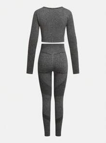 SHEIN Tween 女孩灰色长袖上衣和裤子运动服套装，瑜伽弹力舒适透气吸湿排汗时尚风格，适合锻炼、跑步、骑自行车