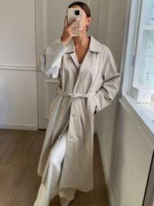 DAZY 1pc Women's Loose Solid Color Long Sleeve Waist Belt Pocket Trench Coat