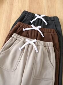 SHEIN Leap Crew 3pcs Young Boy Casual Cute Daily Comfortable Loose Khaki Brown Gray Triplet Drawstring Sweatpants Outfit, Buy 2 Get 1 Free, Suitable For Travel, School, Gatherings, Autumn-Winter - Multicolor - View 5