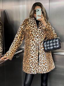 SHEIN LUNE Áo khoác dài tay ve áo họa tiết da báo cho nữ - Nhiều màu - Xem 6