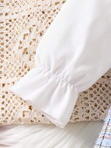 SHEIN 2pcs Young Girl Bow Collar Long Sleeve Blouse And Plaid Suspender Dress Set, Spring Autumn - Blue - View 5