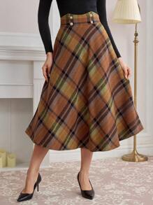Vintamour Retro Elegant Daily A-Line Skirt, Checkered Orange-Brown Thanksgiving Women Outfit Fall Clothes Winter Women Skirt