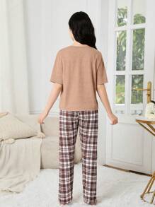 Teen Girl New Simple Top With Letter Print, Plaid Digital Print Pants, Casual Home Two Pieces Set