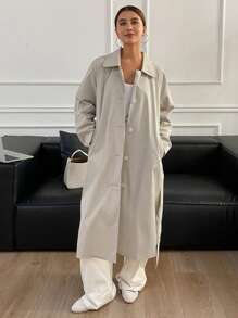 DAZY 1pc Women's Loose Solid Color Long Sleeve Waist Belt Pocket Trench Coat