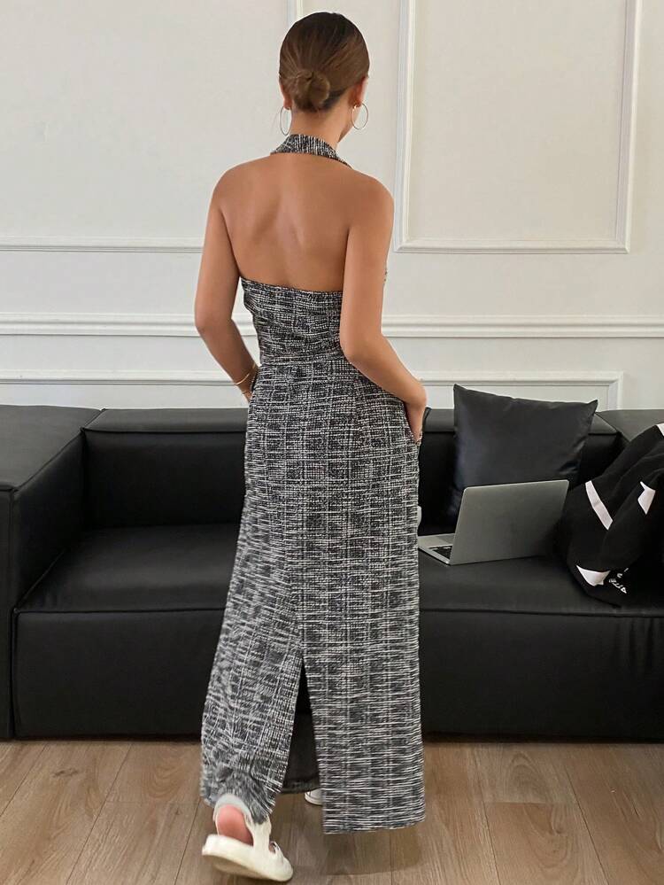 2pcs Women's Summer Plaid Button Halter Top & Pocketed Midi Skirt Casual Set