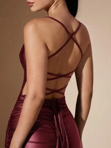SHEIN BAE Backless Criss-Cross Strap PU Leather Mini Dress, Stylish Halloween Party Dress - Burgundy - View 7