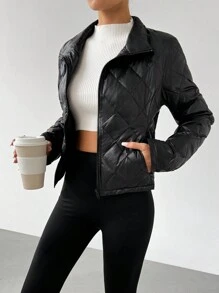 SHEIN EZwear Chaqueta casual con cremallera delantera, relleno de plumas y manga larga de unicolor para mujer - Negro - Ver 4