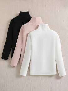 SHEIN 3pcs Tween Girl Casual High Neck Long Sleeve Cat Print Thermal Lined T-Shirts Chic Outfits For Autumn/Winter