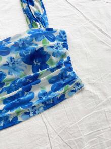 Soleia Multi-Color Floral Ruched Mesh Romantic Casual Vacation Women Tank Top - Blue - View 5